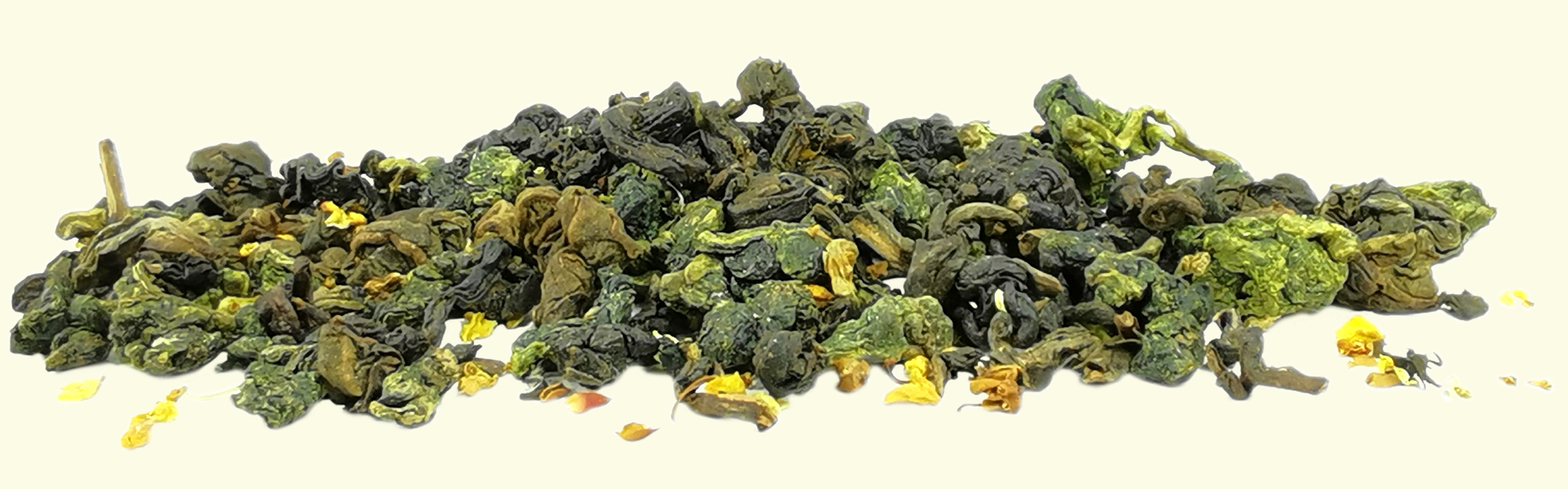 Thé Oolong #12 fleur d'Osmanthus : un assemblage entre le thé Oolong #12 Jinxuan en feuilles roulées, avec des fleurs d'Osmanthus.