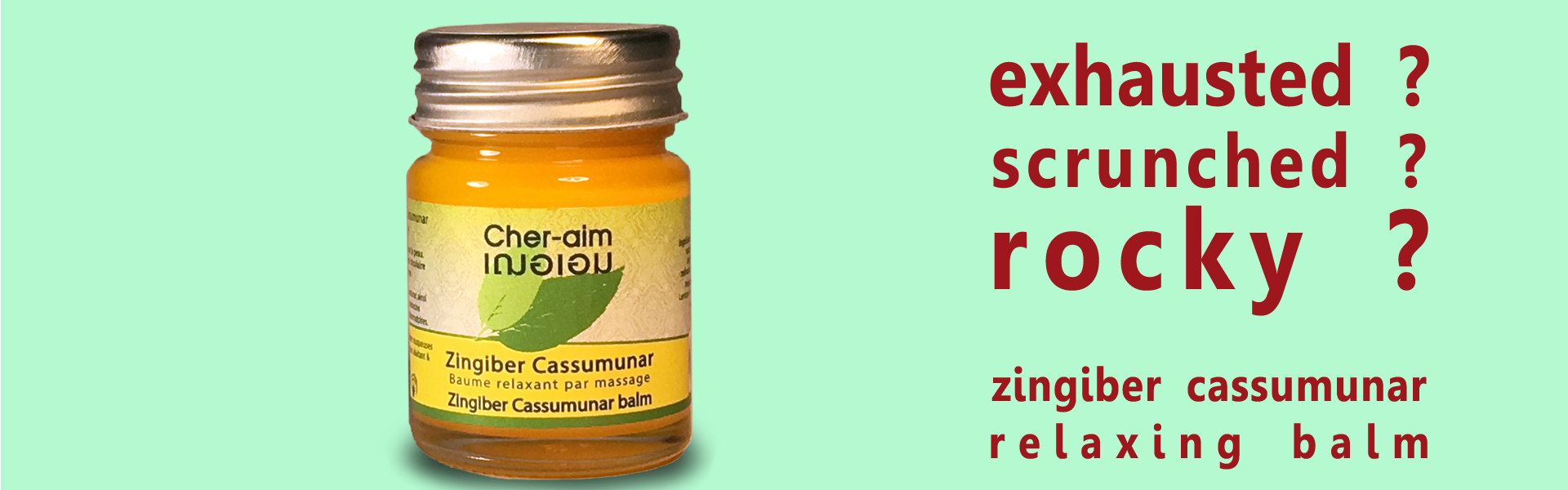 Exhausted ? Scrunched ? Rocky ? Zingiber Cassumunar relaxing balm with Curcuma Zedoaria & Curcuma Longa actives.