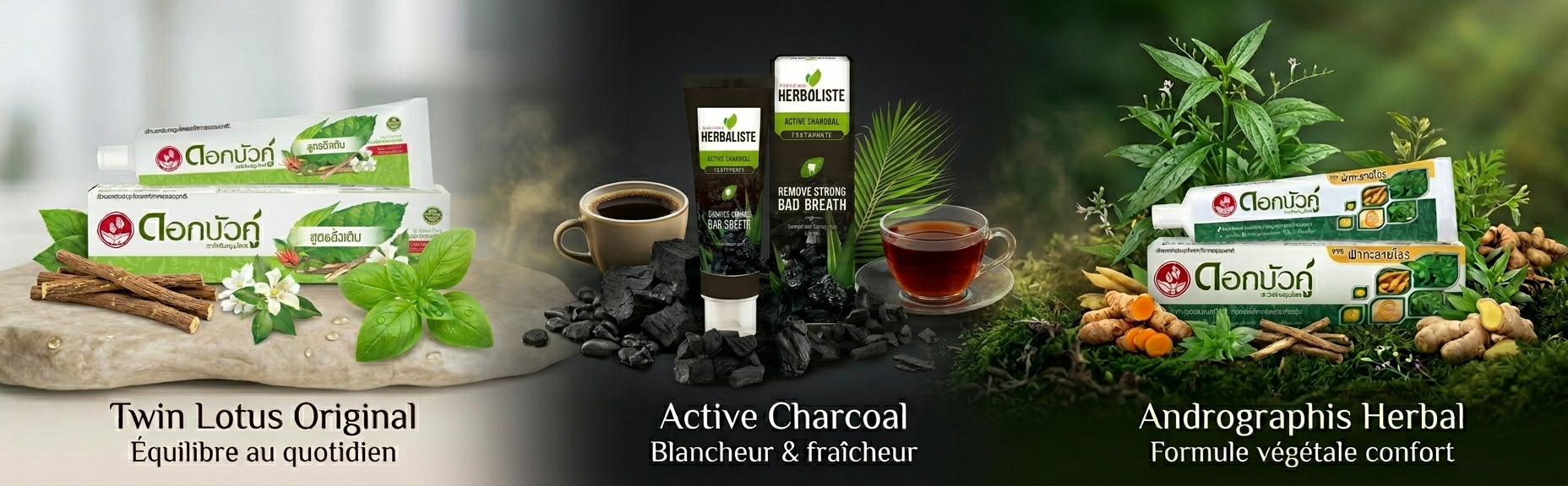 Univers des 3 dentifrices aux plantes de Thaïlande Lemon Import