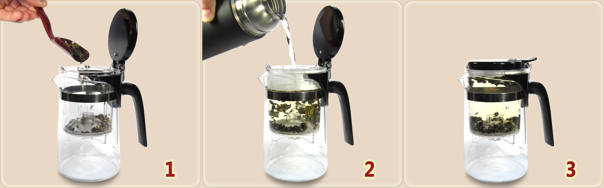 Fonctionnement de la théière avec infuseur : 1. Dosez les feuilles de thé dans l'infuseur. 2. Versez l'eau chaude dans l'infuseur. 3. Patientez...