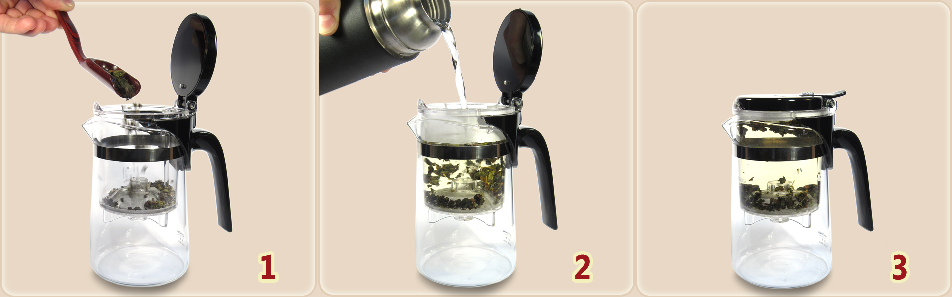 Operation of the teapot with infuser: 1. Pour the tea leaves into the infuser.2. Pour the hot water into the infuser. 3. Wait…, it will infuse!