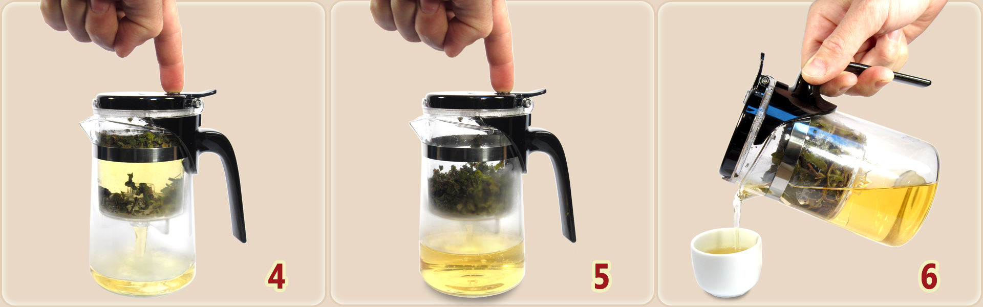 Fonctionnement de la théière avec infuseur : 4. Appuyez sur le bouton pour faire couler le thé... 5. ...jusqu'à ce que l'infuseur soit vide. 6. Servez le thé.