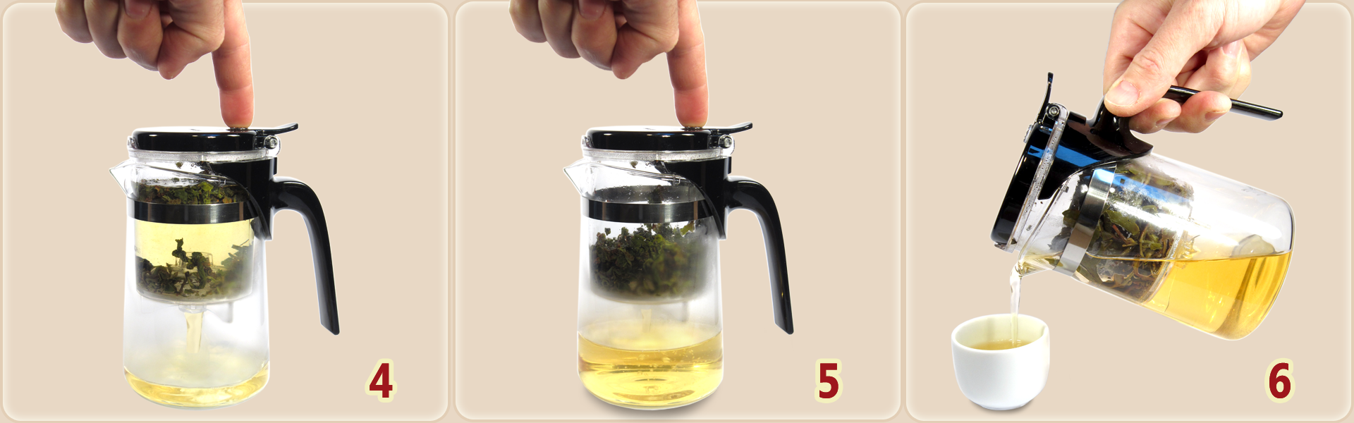 How to operate the teapot with infuser: 4. Press the button to let the tea flow... 5. ...until the infuser is empty. 6. Serve the tea.