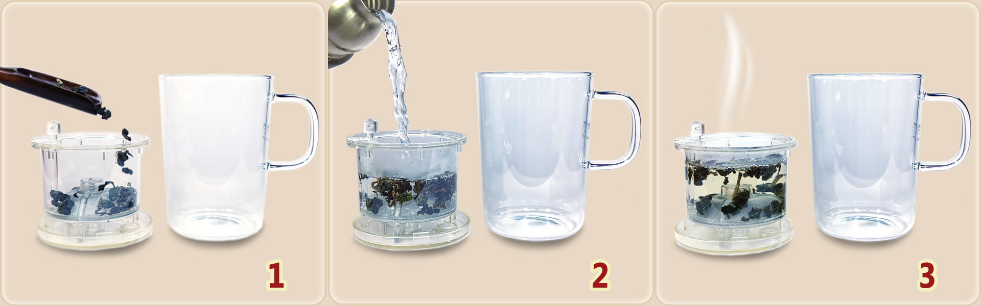 Fonctionnement du mug avec infuseur : 1. Dosez les feuilles de thé dans l'infuseur.2. Versez l'eau chaude dans l'infuseur. 3. Patientez…, ça infuse !